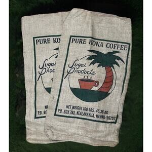 Lot 2 Pure Kona Coffee Beans Burlap Bags Kealakekua Hawaii Sugai Products 39x21"